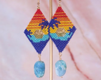 Palm tree sunset beach summer beaded earrings African blue opal statement earrings