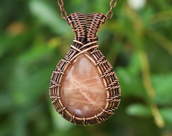 Peach moonstone pure copper pendant hand woven copper wire earthy crystal boho gemstone necklace