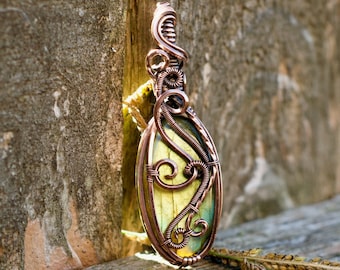 Bright green labradorite wire wrap boho crystal gemstone pendant