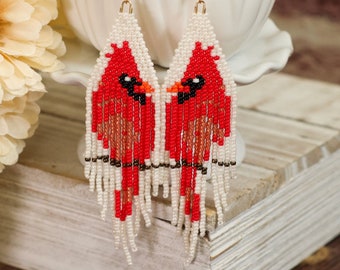 Cardinal seed bead earrings witchy long bohemian fringe fall earrings red bird dangly earrings state bird jewelry