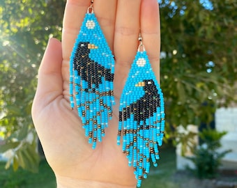 Black raven blue seed bead fall earrings witchy long bohemian fringe fall earrings crow raven full moon Halloween jewelry