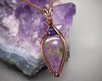 Stichtite and purple CZ amethyst multi stone wire wrap pure copper crystal gemstone purple green boho pendant necklace