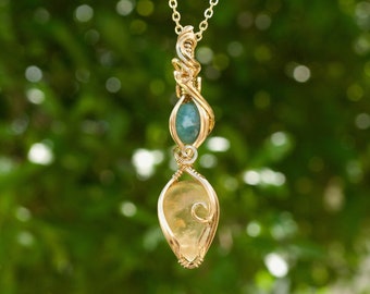 Golden citrine quartz larimar multi stone boho wire wrap crystal gemstone pendant brass jewelry