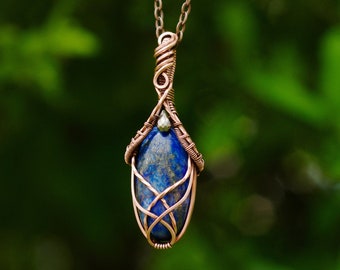 Lapis lazuli necklace wire wrap lapis pyrite jewelry pure copper boho wire wrap necklace multi stone jewelry wire wrap blue crystal pendant