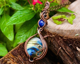 Labradorite necklace lapis lazuli pendant multi stone jewelry pure copper boho wire wrap crystal gemstone pendant