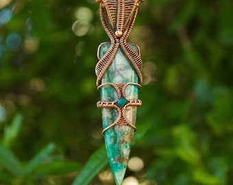 Chrysocolla in quartz emerald accent dagger necklace multi stone birthstone gemstone crystal unisex mens pure copper boho wire wrap pendant