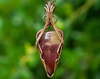 Wire wrap mookaite jasper necklace boho unisex earthy red mookaite crystal gemstone pendant