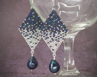 Matte metallic multi color black shiny rhodium silver beaded diamond shape earrings with dark navy peacock baroque fresh water pearls