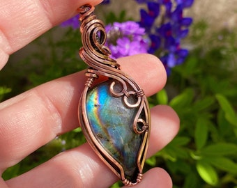 Rainbow teal labradorite necklace wire wrap labradorite pendant boho crystal necklace pure copper jewelry boho unisex wire wrap gemstone