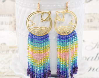 Multi color brass Saturn long boho seed bead fringe earrings