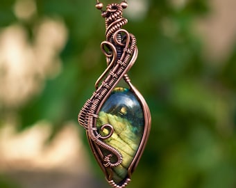 Dark green labradorite necklace pure copper boho wire wrap crystal gemstone pendant