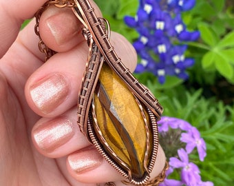 Golden yellow tiger eye with red stripe pendant faceted tiger eye pure copper wire woven boho unisex earthy crystal gemstone necklace