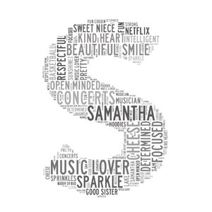 Colagem de palavras com a letra inicial do dia seguinte, wordle, nuvem de palavras, impressão personalizada - aniversário, aposentadoria