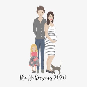 VOLGENDE DAG Zwangerschap Nieuwe Baby aangepaste familieportret tekening, familieportret illustratie digitaal, familieportret aquarel