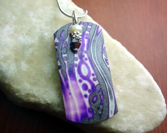 Purple, White, and Silver Abstract Polymer Clay Pendant on a 18' 925 Silver Chain
