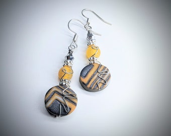 Orange and Silver Wire Wrapped Polymer Clay Earrings