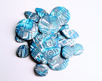 Blue, White, and Silver Polymer Clay Mokume Gane Beads- 21 piece