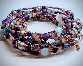 Multi-wear Purple, Pearl, and Copper Beaded Necklace/Bracelet.