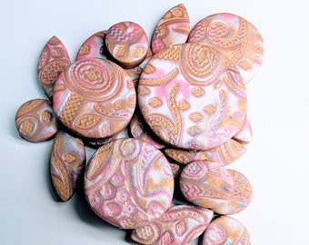 Pink, Silver, and Gold Polymer Clay Mokume Gane Beads- 21 piece
