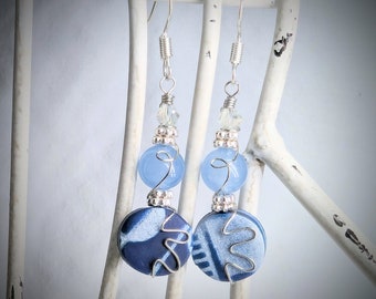 Blue and Silver Wire Wrapped Polymer Clay Earrings