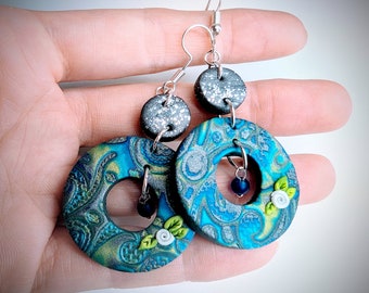 Green, Blue, and Silver Polymer Clay Mokume Gane Statement Earrings - Round