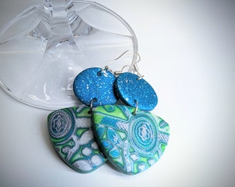 Turquoise blue, Green, and Silver Polymer Clay Mokume Gane Statement Earrings