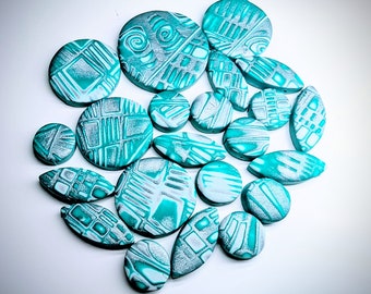 White, Green, and Silver Polymer Clay Mokume Gane Beads- 21 piece