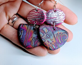 Fushia, Purple, Orange, and Silver Polymer Clay Mokume Gane Statement Earrings