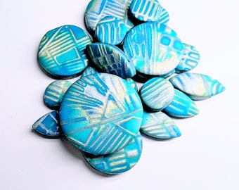 Blue, Turquoise, Lime Green, and Silver Polymer Clay Mokume Gane Beads- 21 piece