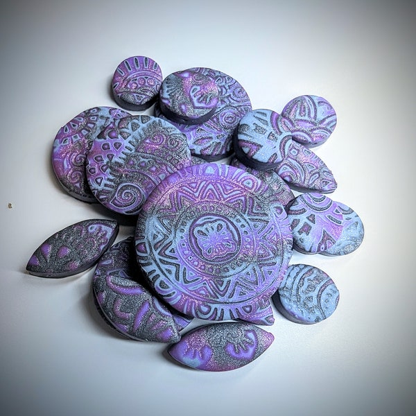 Purple and Silver Floral Polymer Clay Mokume Gane Beads- 21 piece