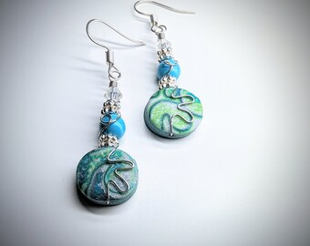 Blue, Green, and Silver Wire Wrapped Polymer Clay Earrings