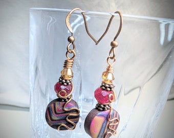 Pink, Purple, Orange, and Copper Wire Wrapped Polymer Clay Earrings