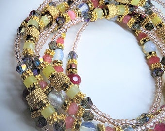 Multi-wear Yellow, Fushia, and Gold Beaded Necklace/Bracelet.