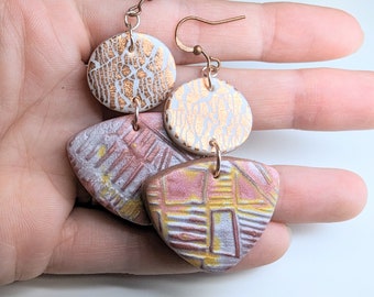 Rose Gold, Pearl, Pink, and Copper Colored Polymer Clay Mokume Gane Statement Earrings