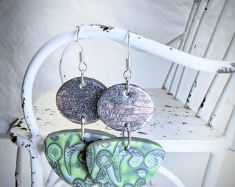 Green, and Silver Polymer Clay Mokume Gane Statement Earrings