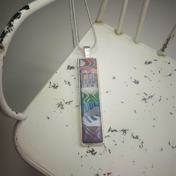 Rainbow Mokume Gane Pendentif en argile polymère sur chaîne en argent 20' 925
