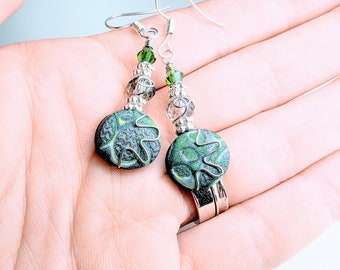 Green and Silver Wire Wrapped Polymer Clay Earrings