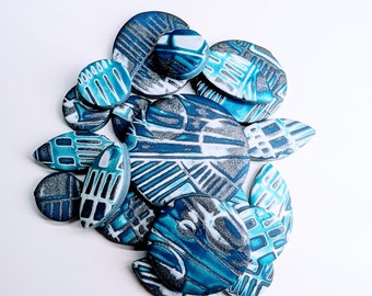 Blue, White, and Silver Polymer Clay Mokume Gane Beads- 21 piece