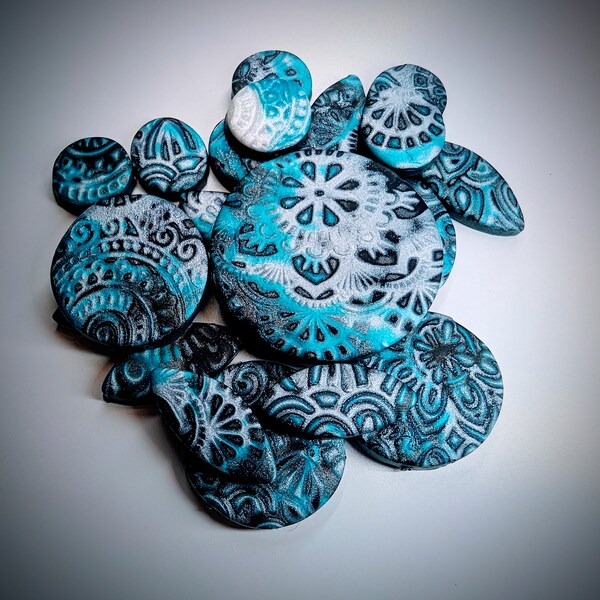 Blue, Black, and White Floral Polymer Clay Mokume Gane Beads- 21 piece