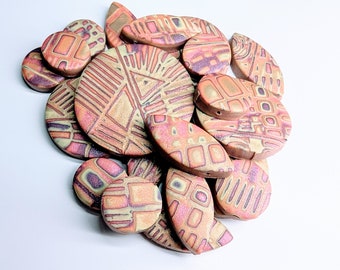 Red, Yellow, and Gold Polymer Clay Mokume Gane Beads- 21 piece