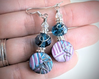 Blue, Purple, and Silver Wire Wrapped Polymer Clay Earrings