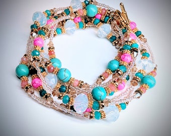 Multi-wear Turquoise, Dyed Pink Turquoise, Opal, and Gold Beaded Necklace/Bracelet.