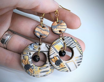 Gold and Black Polymer Clay Mokume Gane Statement Earrings - Round