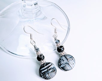 Black and Silver Wire Wrapped Polymer Clay Earrings