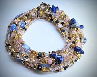 Multi-wear Navy Blue, Pink, and Gold Beaded Necklace/Bracelet.