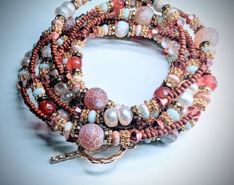 Multi-wear Red, Pearl, Light Blue, and Gold Beaded Necklace/Bracelet.