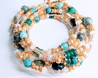 Multi-wear Green Jade, Dark Green, and Gold Beaded Necklace/Bracelet.