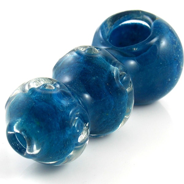 Bold Blue Glass Spoon Smoking Pipe - Inside Out Deep Water Blue Triple Bump Chamber Bowl with Cut Glass