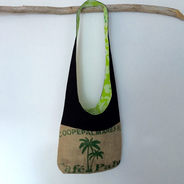 Repurposed Burlap Coffee Sack Purse/Farmers Market Bag/Upcycled/Recycled bag with Green Palm Trees