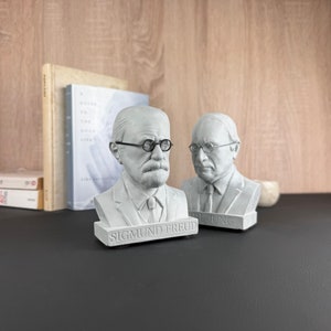 May include: Two grey busts of Sigmund Freud and Carl Jung, each wearing spectacles. The Freud bust is labelled with his name. Books and a small decorative object are in the background.